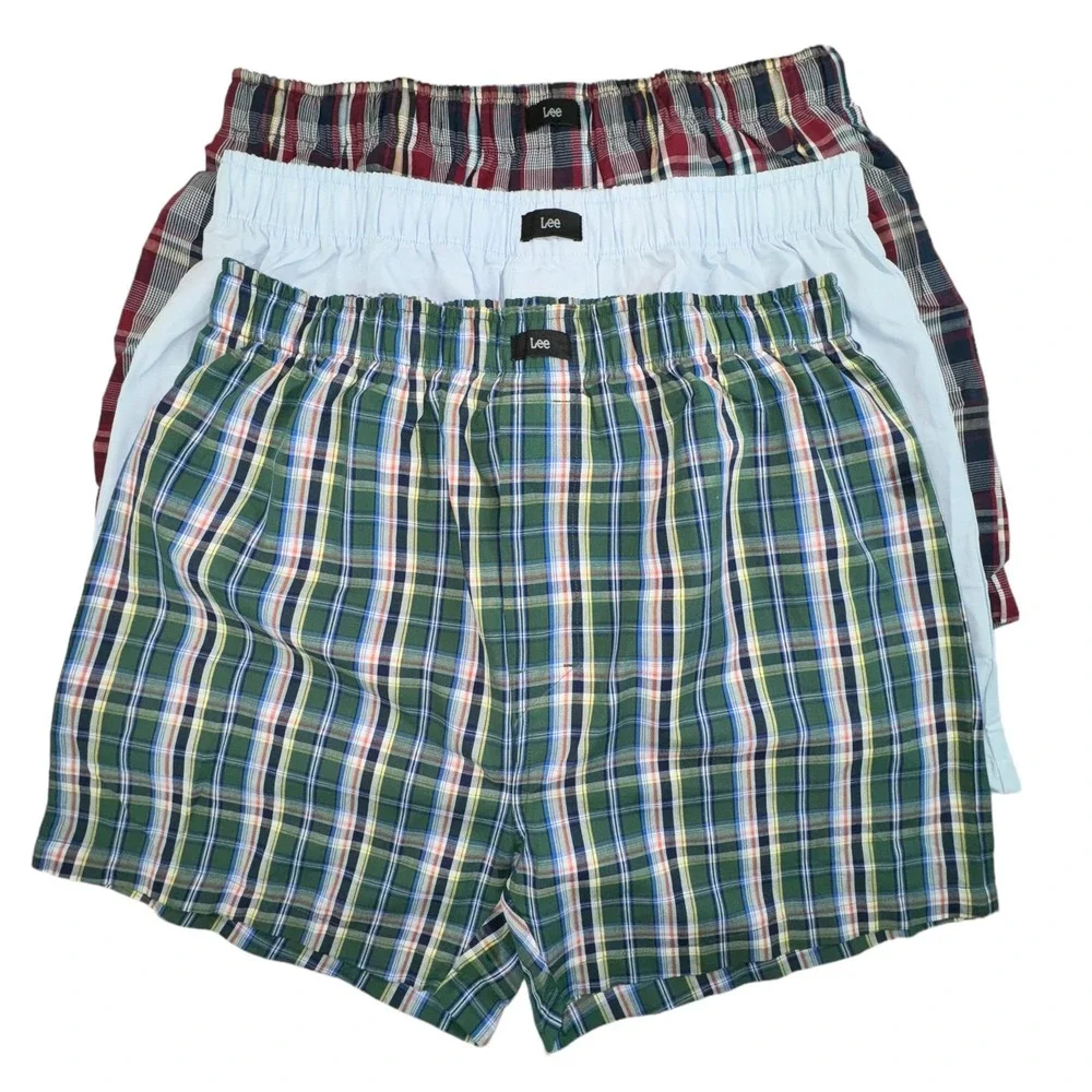 Lee Woven Boxers Men Small Blue New 3-Pack Cotton Plaid Classic Fit Underwear